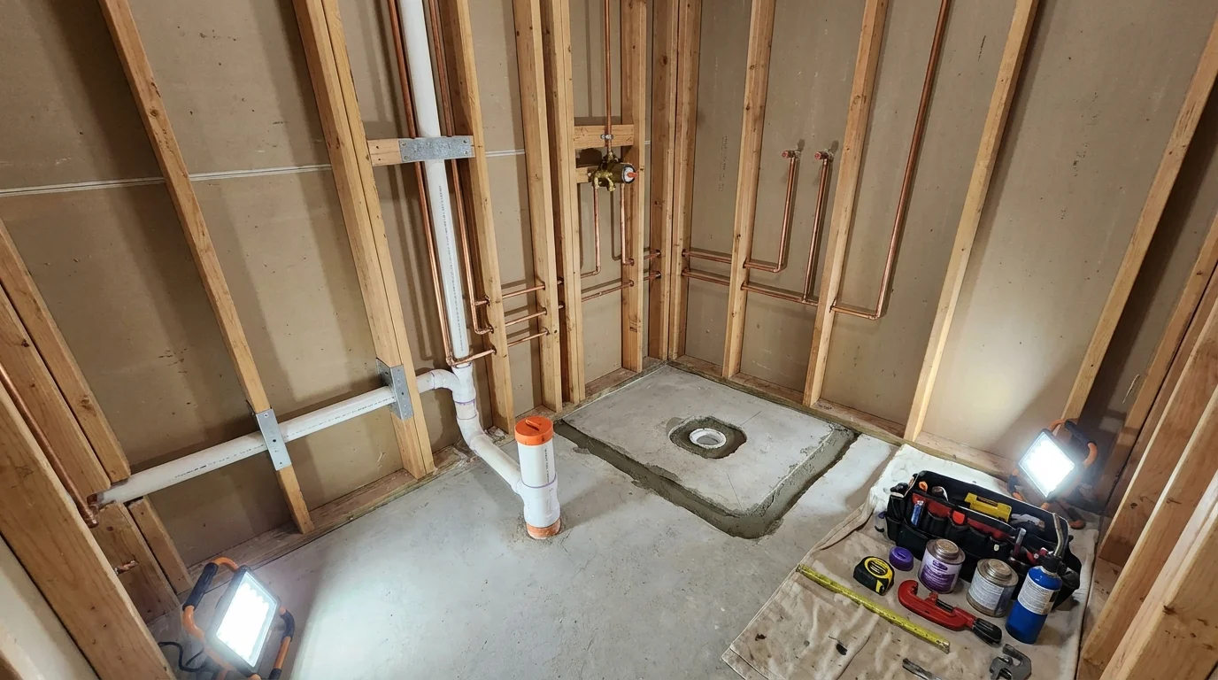 Bathroom rough-in plumbing during remodel by Johns Plumbing LLC in Wadley