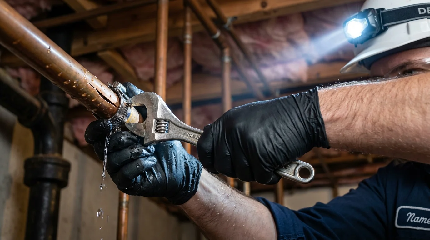 Emergency pipe clamp repair being performed by a Johns Plumbing LLC plumber in Wadley