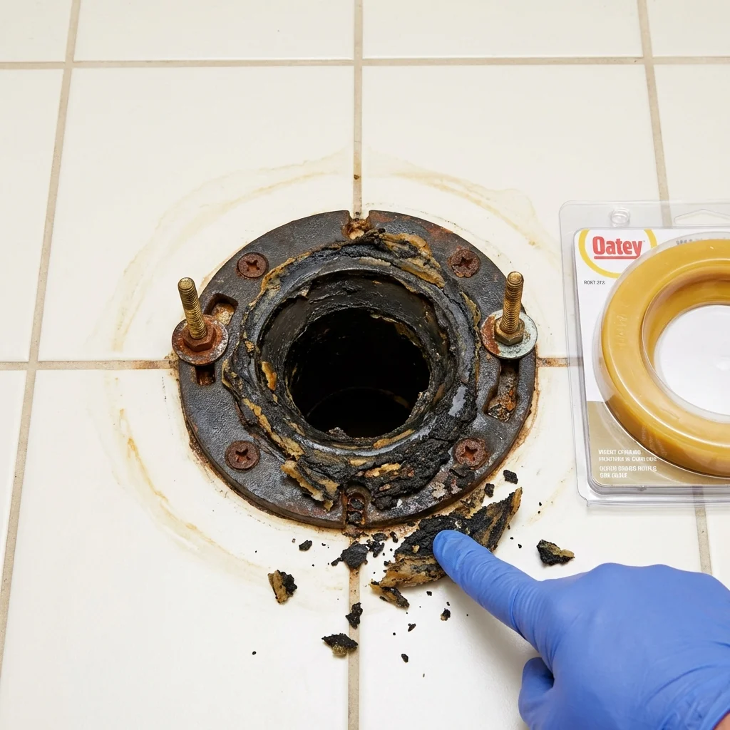 Failed wax ring showing water seepage at the base of a toilet in a Wadley, GA home
