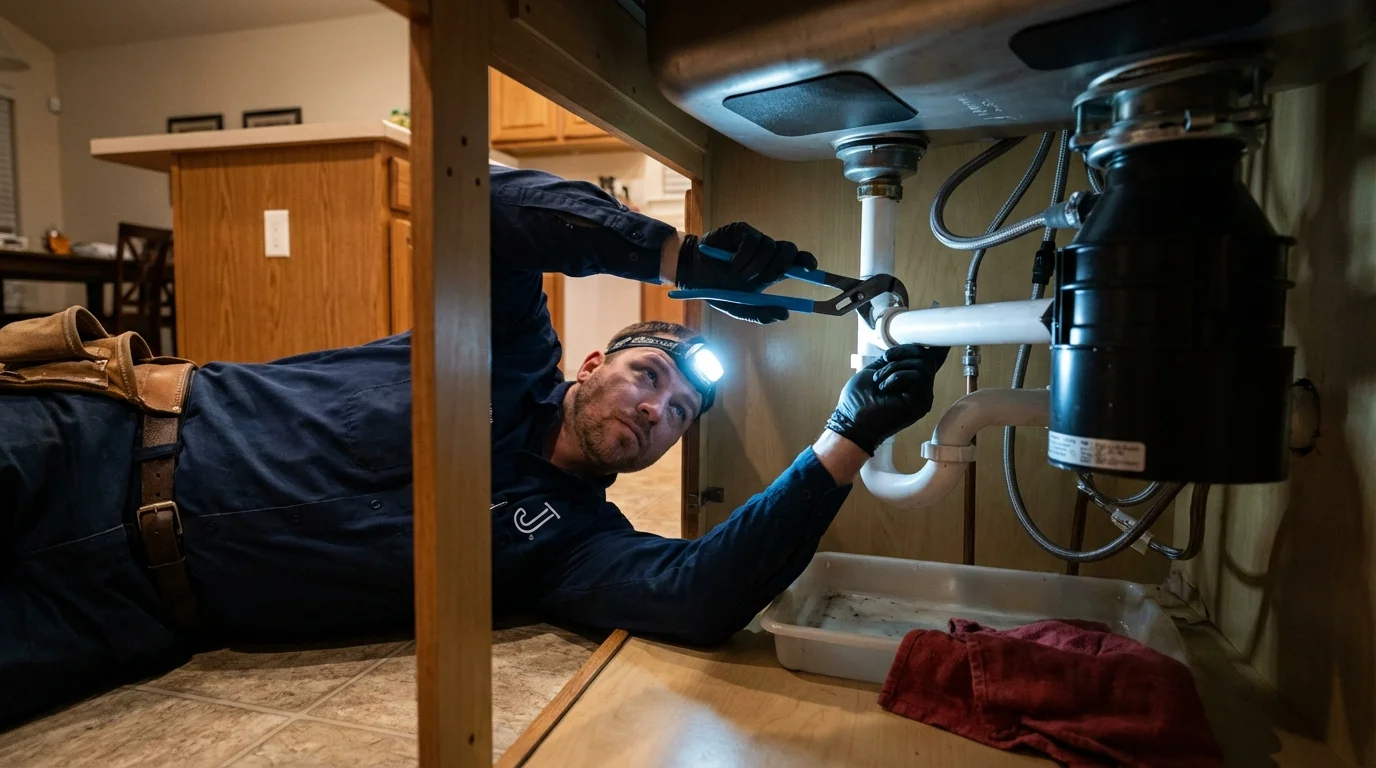 P-trap and supply line connections under a kitchen sink showing a common leak point in Wadley, GA